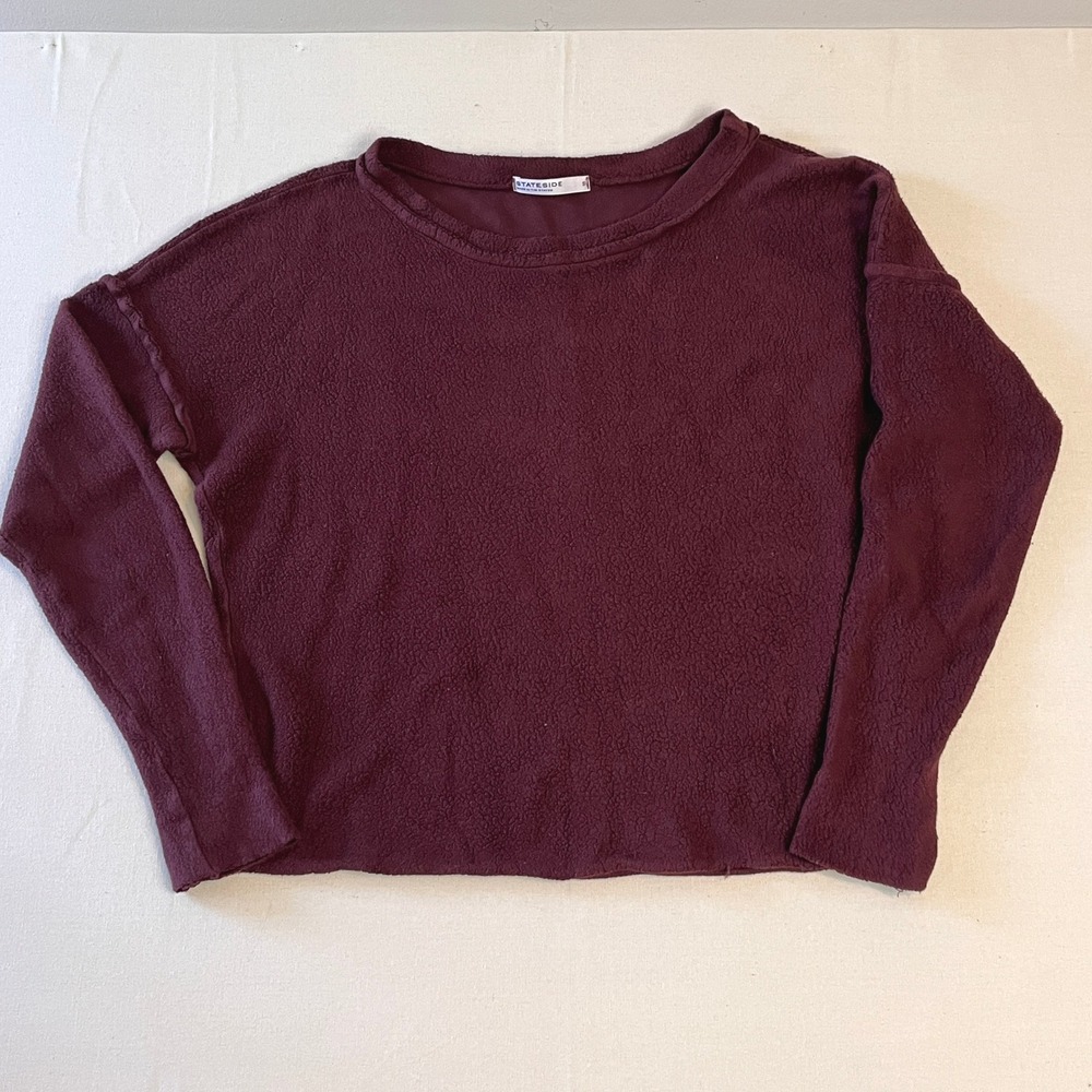 STATESIDE Teddy Fleece Crewneck Sweater Womens Burgundy Cropped Soft Cozy Size S